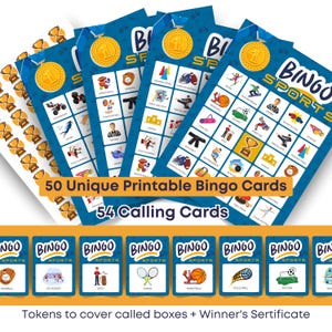 50 Esportes Exclusivos + 54 Cartões de Visita | Jogo de Bingo Esportivo para Imprimir | Diversão para Crianças, Adolescentes, Festas, Acampamento de Verão, Salas de Aula | Download Digital