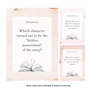 May include: Cards with text prompts for book discussions. The main card asks, "Which character turned out to be the 'hidden mastermind' of the story?" Other cards include "Personal Involvement" and "Plot & Structure" prompts. The phrase "One card can change a whole evening" is at the bottom.