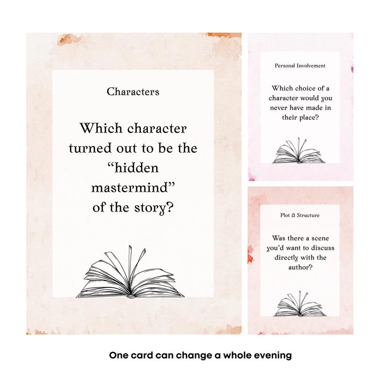 May include: Cards with text prompts for book discussions. The main card asks, "Which character turned out to be the 'hidden mastermind' of the story?" Other cards include "Personal Involvement" and "Plot & Structure" prompts. The phrase "One card can change a whole evening" is at the bottom.
