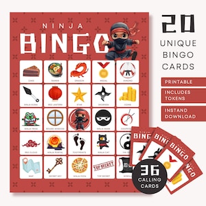 Juego de bingo ninja para niños / 20 tarjetas únicas + 36 tarjetas de presentación / Actividades de artes marciales para imprimir en fiestas / Certificado de taekwondo para cumpleaños de niño NNJ1