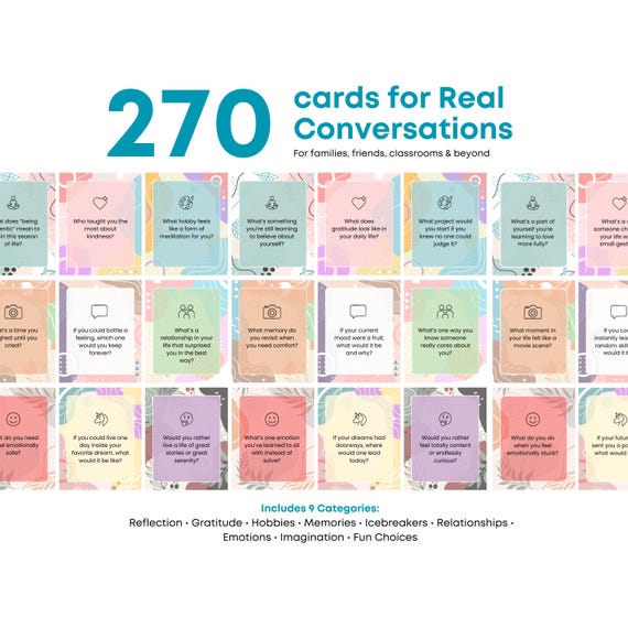 270 Printable Conversation Cards for Families, Couples, Therapy | Icebreaker Questions PDF | Connection Game for All Ages
