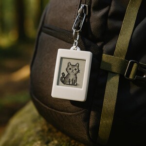Peut inclure: Un porte-cl&eacute;s blanc avec un motif de chat pix&eacute;lis&eacute; est suspendu &agrave; un sac &agrave; dos noir. L'image du chat est affich&eacute;e sur un petit &eacute;cran dans un cadre rectangulaire blanc. Le sac &agrave; dos est sombre avec des sangles vertes.