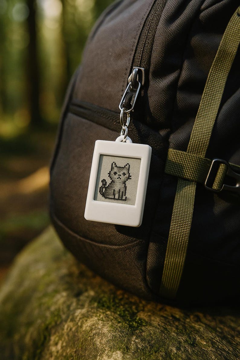 Peut inclure: Un porte-cl&eacute;s blanc avec un motif de chat pix&eacute;lis&eacute; est suspendu &agrave; un sac &agrave; dos noir. L'image du chat est affich&eacute;e sur un petit &eacute;cran dans un cadre rectangulaire blanc. Le sac &agrave; dos est sombre avec des sangles vertes.