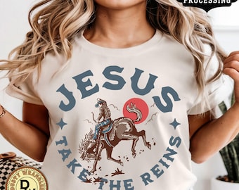 Vintage Cowgirl T-Shirt: Jesus Take The Reins, Christian Rodeo Tee