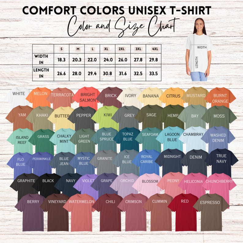 Pode incluir: Uma tabela de cores e tamanhos para camisetas unissex Comfort Colors. A tabela mostra uma variedade de cores de camisas, incluindo branco, mel&atilde;o e c&aacute;qui. As medidas s&atilde;o fornecidas em cent&iacute;metros para largura e comprimento, de S a 4XL.