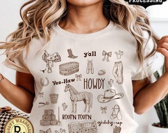Doodle Cowgirl Graphic Tee: Comfort Colors, Western Collage Shirt, Howdy Y'all Shirt
