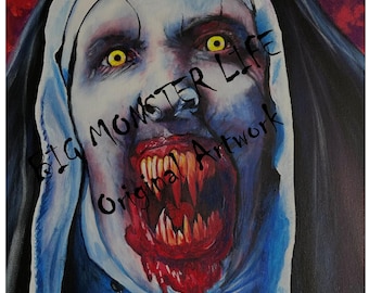 May include: An oil painting of a demonic nun with yellow eyes and a gaping mouth filled with sharp teeth. The nun's face is pale blue, and her habit is black and white. The background is red, and the text "Big Monster Life Original Artwork" is written on the image.