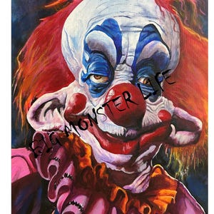 May include: A painting of a clown with red hair, blue eyes, and a red nose. The clown is wearing a pink and orange ruffled collar. The painting is signed "Big Monster Life".
