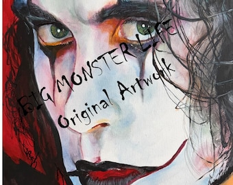 May include: Original artwork featuring a close-up portrait with white face paint, black markings, and red lips. The eyes are green, and the background is red. The text "BIG MONSTER LIFE Original Artwork" is visible.