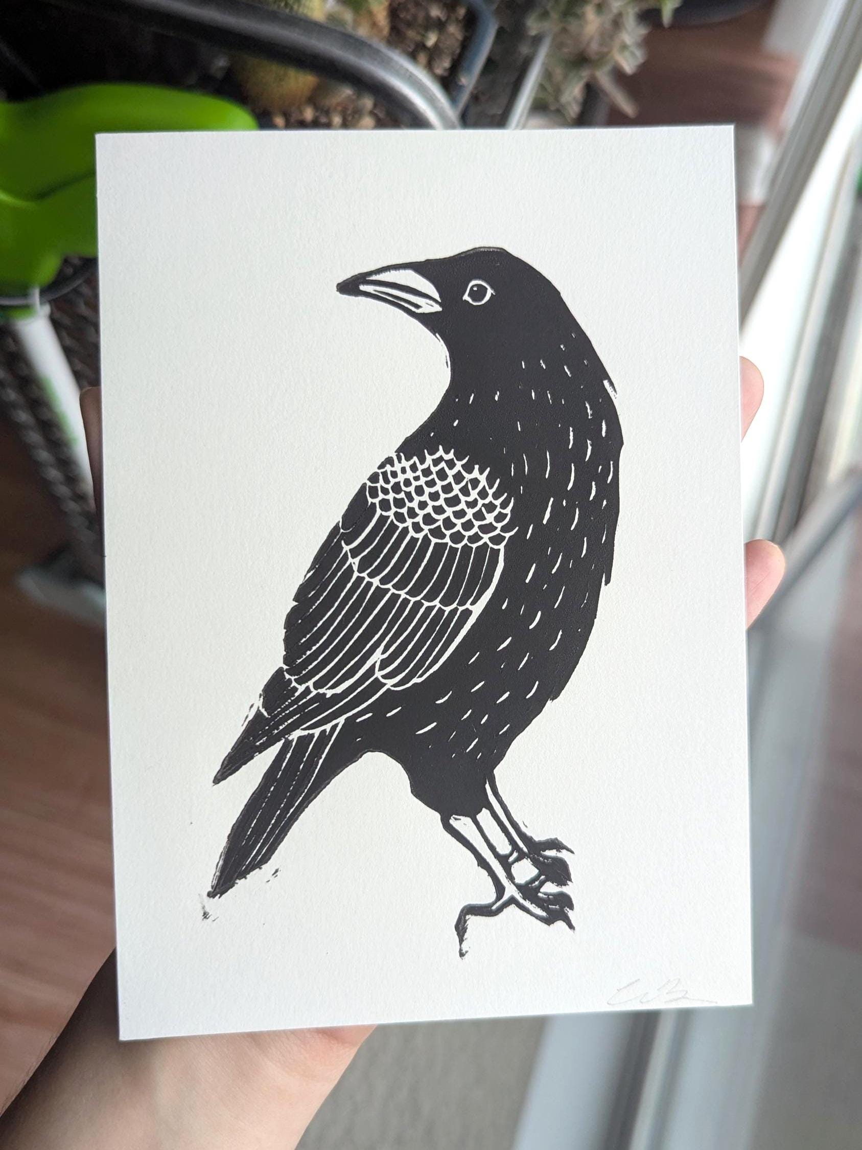 Linocut Crow Raven Fall Autumn Nature Witchy Ink Block Print Wall