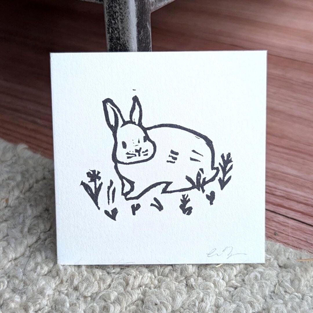 Linocut Small Bunny Ink Block Print Spring Flowers Wall Art Kids ...