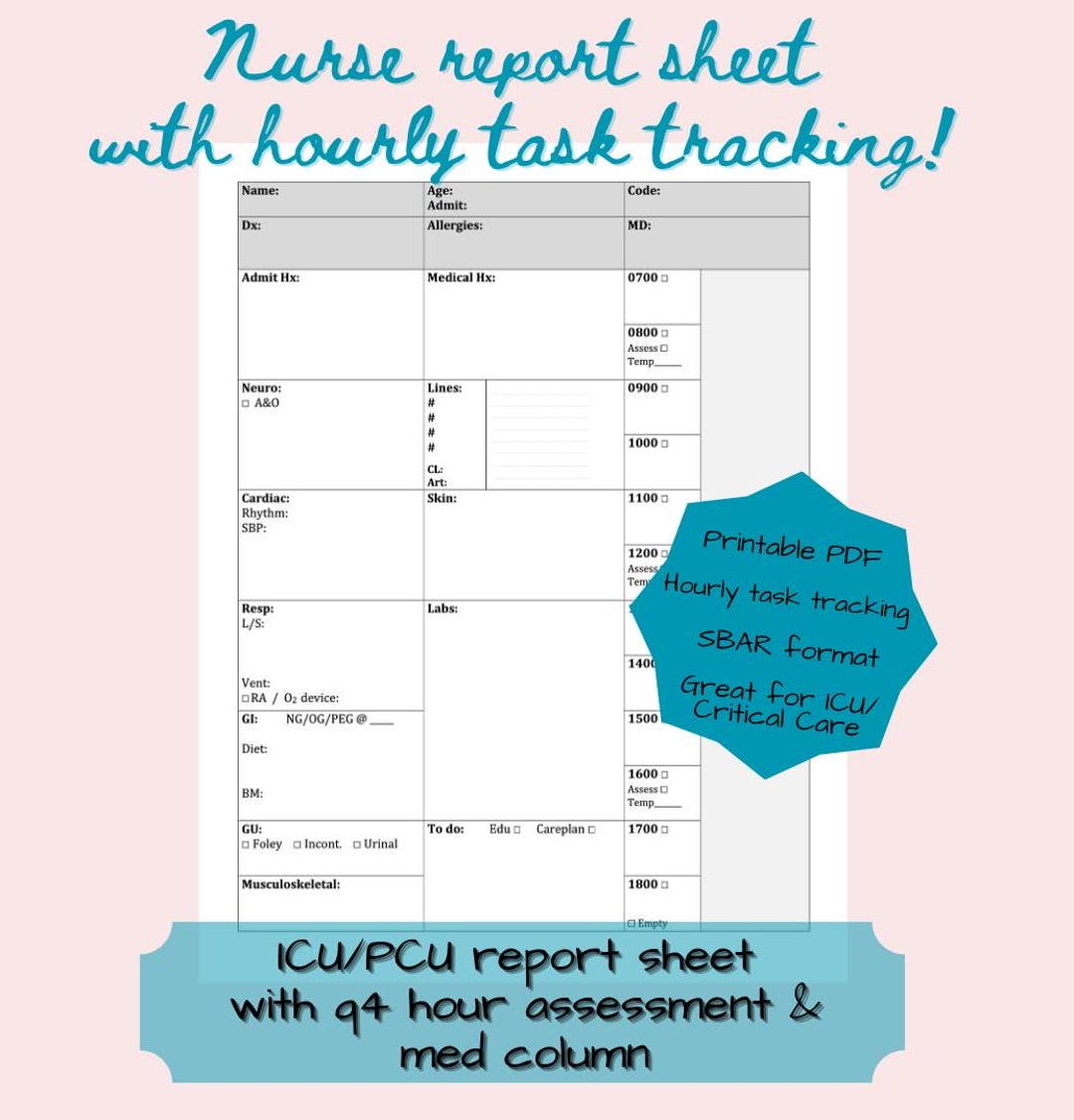 Nurse Task Layout Nurse Report Sheet - ICU 12 Hour Day Shift WITH Med/task Column - Etsy