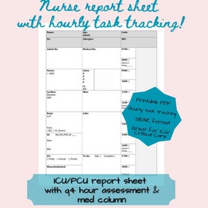 Może przedstawiać: Drukowany arkusz raportu pielęgniarskiego z godzinnym śledzeniem zadań. Arkusz zawiera sekcje dotyczące parametrów życiowych, leków i innych ważnych informacji. Jest sformatowany dla SBAR i idealnie nadaje się do użytku na oddziale intensywnej terapii lub w opiece krytycznej.