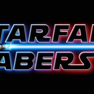 May include: The Starfall Sabers logo features the text "STARFALL SABERS" in a futuristic font with a blue and red neon glow. A silver lightsaber with a blue blade is positioned horizontally across the text on a black background.
