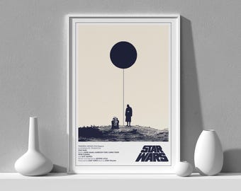 Star Wars minimalist poster, retro 1977 sci-fi wall art, R2-D2 Darth Vader