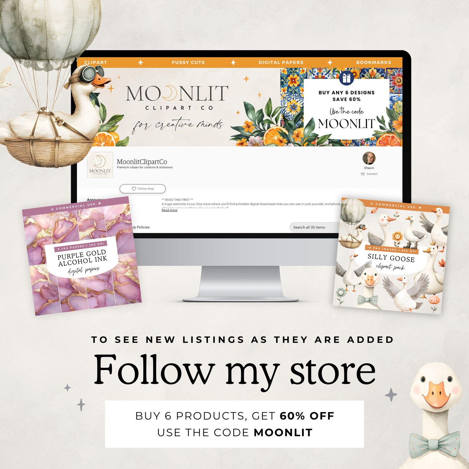 Silly Goose Clipart Bundle, Watercolor Funny Geese PNG, Cute Animals ...