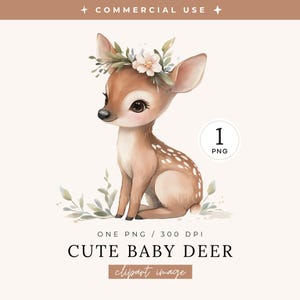 Joli bébé cerf des cliparts | IMAGE UNIQUE | Animal des bois aquarelle, art floral de chambre de bébé faon de renne, conception de baby shower, téléchargement numérique
