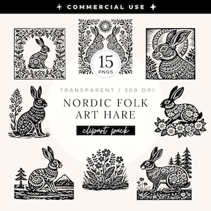 May include: A collection of black and white Nordic folk art hare clip art. The images include various illustrations of rabbits, floral designs, and the text "Nordic Folk Art Hare clipart pack". The images are transparent and 300 DPI.