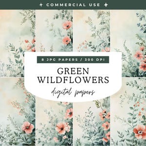 May include: A set of 8 digital papers featuring watercolor illustrations of green foliage and pink wildflowers. The papers are 300 DPI and perfect for crafting and design projects.