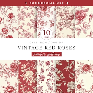 Könnte beinhalten: Eine Sammlung nahtloser Muster im Vintage-Stil mit roten Rosen auf cremefarbenem Hintergrund. Das Bild enthält 10 JPGs, jeweils 30,48 x 30,48 cm bei 300 DPI, mit dem Text "Vintage Red Roses" und "seamless patterns". Der obere Banner lautet "Commercial Use".