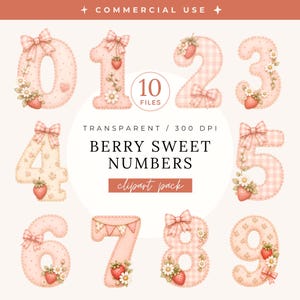 Può includere: Un set di dieci file di clipart digitali con i numeri da 0 a 9. Ogni numero è decorato con un fiocco, fragole e elementi floreali. È incluso anche il testo "BERRY SWEET NUMBERS" e "clipart pack".