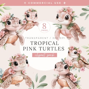 Puede incluir: Pack de imágenes prediseñadas de acuarela con seis adorables tortugas marinas rosas, cada una adornada con una corona floral. Incluye el texto "Tropical Pink Turtles" y "clipart pack". La imagen es transparente y 300 DPI.