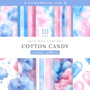 May include: A digital art collection featuring watercolor designs in shades of pink, blue, and white. The text reads "COTTON CANDY seamless patterns", with the dimensions 12x12 inches and 300 DPI. The image also includes the text "COMMERCIAL USE" and "10 JPGs".