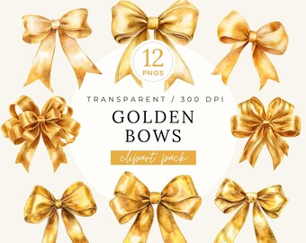 Pacote de clipart de laços dourados, coquete festivo com glitter PNG, laço de fita em aquarela, design de sublimação, convite vintage para festa de Natal