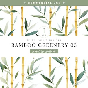 May include: A seamless pattern featuring bamboo stalks and leaves in shades of green and gold against a white background. The image includes the text "BAMBOO GREENERY 03" and "seamless pattern". The image is 12x12 inches at 300 DPI.