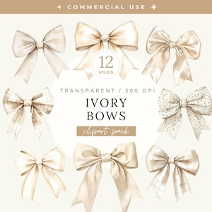 May include: An assortment of ivory-coloured bows in different styles. The image features bows with various textures, including satin and patterned designs. Text on the image reads "IVORY BOWS clipart pack" and "COMMERCIAL USE".