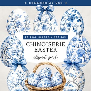 Chinoiserie Easter Clipart Bundle, Grandmillennial Eggs, Happy Easter, Toile Bunny, Watercolor Coquette Bow, Spring, Sublimation Design, PNG