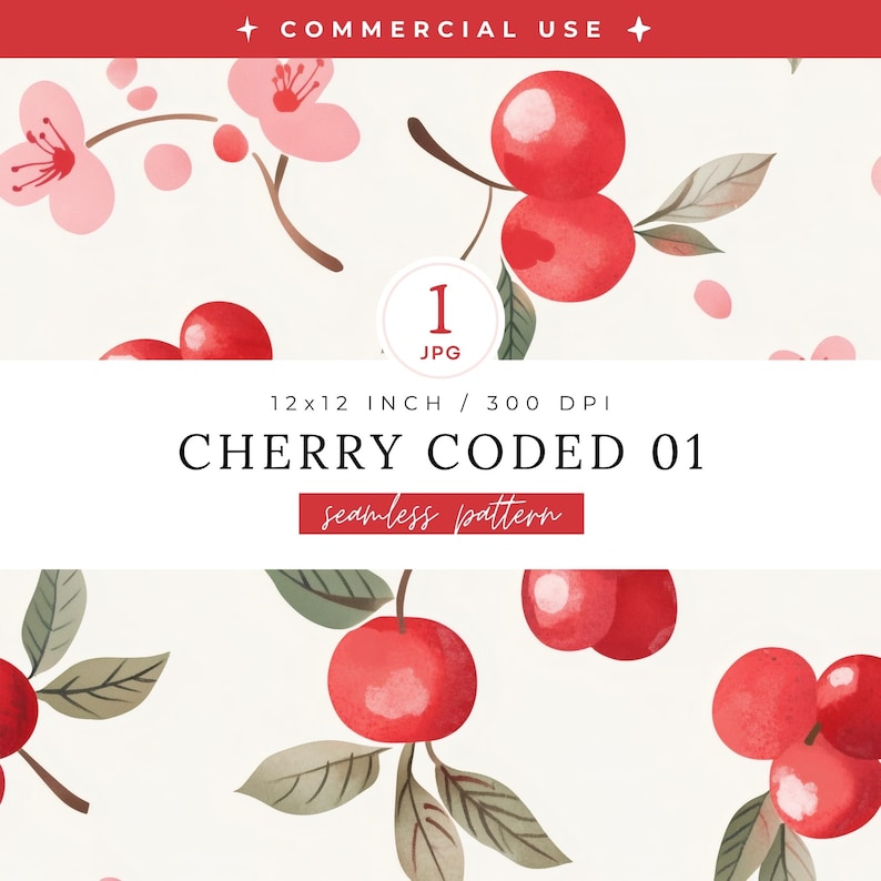 A thumbnail with a seamless pattern of cute minimalistic cherries. The name of the digital papers pack is Cherry Coded. All images are JPG and 300 DPI, Commercial use is allowed.