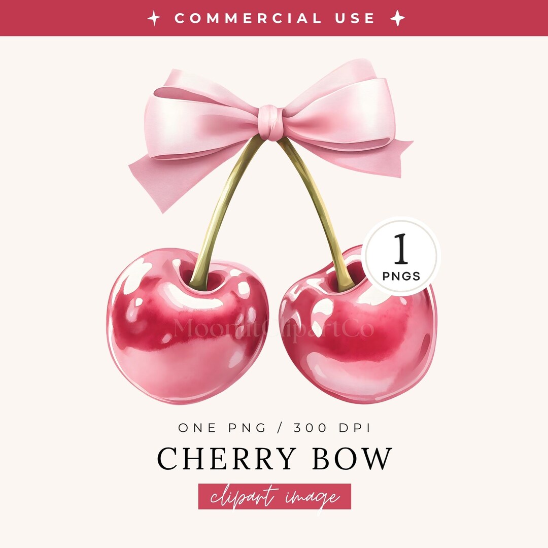 Cherry Coquette Bow Clipart | SINGLE IMAGE | Watercolor Cherries With ...