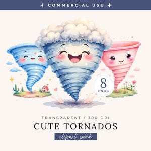 Könnte beinhalten: Aquarellillustration von drei Cartoon-Tornados in Blau und Rosa, jeweils mit einem lächelnden Gesicht. Das Bild enthält den Text "CUTE TORNADOS clipart pack" und "8 PNGS".