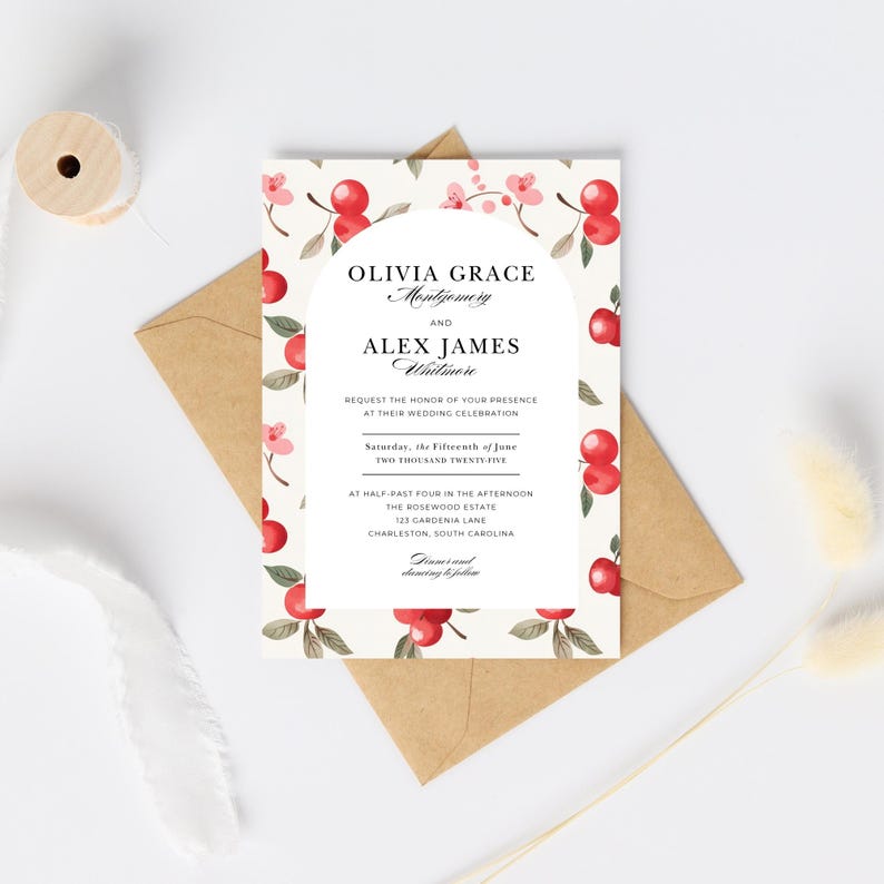 An example of how an invitation for a Wedding could look like, using our single seamless pattern: Cherry Coded. Our PNG of a cute minimalistic cherries background, is used on the invite.