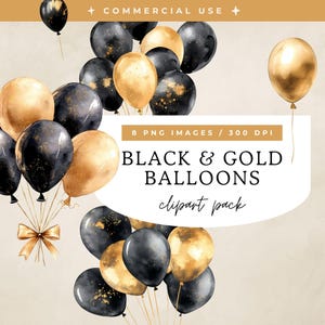 Black & Gold Balloons Clipart | Digital Instant Download | Commercial Use | Transparent PNG | Birthday, Christmas and New Year Party Design