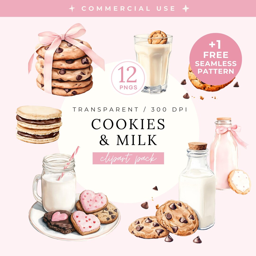 Cookies and Milk Clipart Pack, Watercolor Chocolate Chip Milk PNG, Pink ...