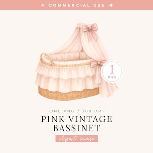 May include: A pink vintage bassinet illustration with a woven basket base, ruffled trim, and a draped canopy adorned with bows. The image includes the text "PINK VINTAGE BASSINET" and "clipart image".