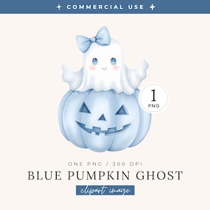 Könnte beinhalten: Ein hellblauer Kürbis mit einem geschnitzten Gesicht und einem weißen Geist mit einer Schleife. Das Bild enthält den Text "BLUE PUMPKIN GHOST" und "clipart image". Das Design ist eine PNG-Datei.