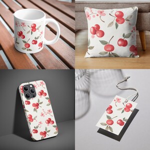Product examples of what you can do with the Seamless Pattern pack: Cherry Coded. It shows the pattern on a mug, pillow, phone cover and clothing tag.