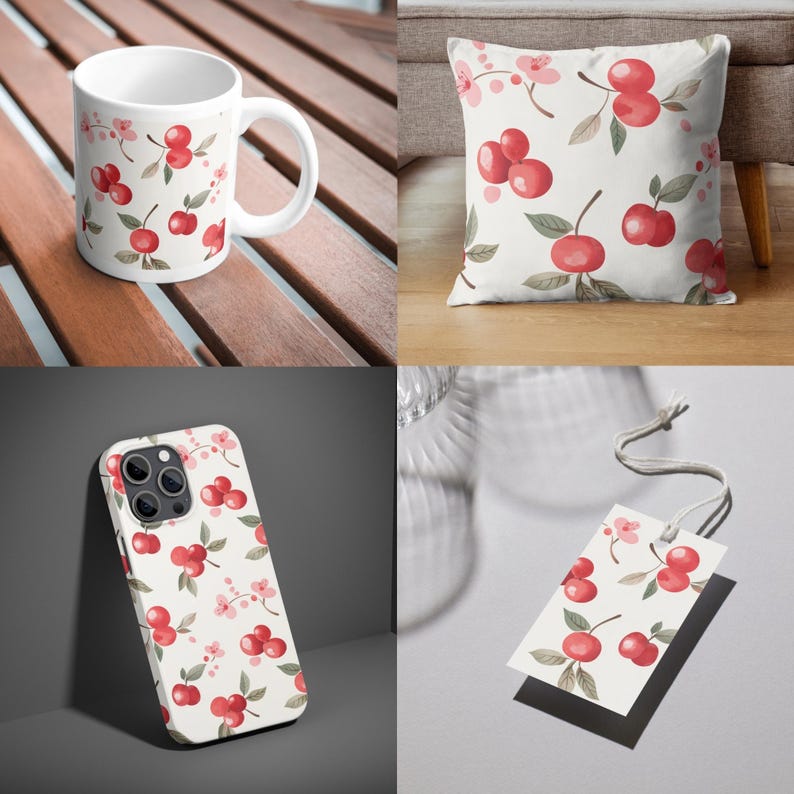 Product examples of what you can do with the Seamless Pattern pack: Cherry Coded. It shows the pattern on a mug, pillow, phone cover and clothing tag.