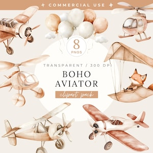 Pack de cliparts aviateur bohème, petit garçon pilote, aquarelle beige avion, avion, hélicoptère, renard rigolo, style vintage, invitation à une fête