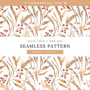 Harvest Season Single Seamless Pattern, Watercolor Golden Wheat & Wild Berries, Rustic Country Autumn Texture, Cozy Digital Background Paper