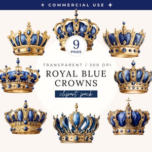 Royal Blau Kronen Clipart Pack, König & Königin, Majestätische Aquarellkunst, Gold, Prinz, Tiaras, Prinzessin, transparente PNGs, kommerzielle Nutzung