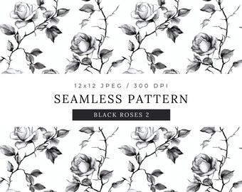 Black Roses Single Seamless Pattern, Watercolor Shabby Chic Background, Gothic Floral Scrapbook Paper, Dark Vintage Repeated Fabric Pattern