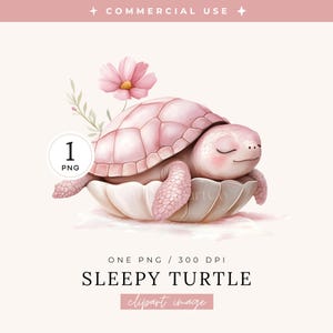 May include: A watercolor illustration of a sleepy pink turtle resting in a white shell, with a pink flower and greenery. The image includes the text "SLEEPY TURTLE clipart image."