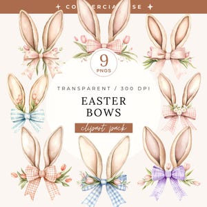 Könnte beinhalten: Aquarellillustration von neun Osterhasenohren-Schleifen mit floralen und Vichy-Akzenten. Die Schleifen sind in verschiedenen Farben gehalten, darunter Rosa, Blau und Lila. Der Text lautet "Easter Bows clipart pack."