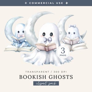 Peut inclure: Illustration à l'aquarelle de trois fantômes de dessins animés lisant des livres, chacun perché sur un croissant de lune. Les fantômes sont blancs avec des joues roses et des nœuds. Le texte "BOOKISH GHOSTS clipart pack" est inclus.