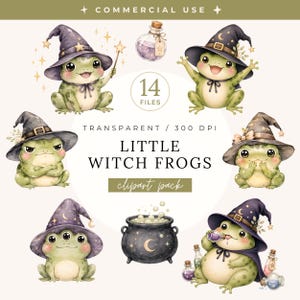 May include: A digital clipart collection featuring 14 illustrations of green frogs wearing dark purple witch hats with stars and moons. The set includes frogs with magic wands, potions, and a black cauldron with bubbling liquid and text overlays.
