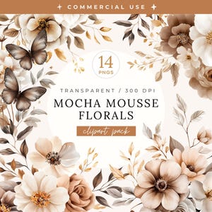 Mocha Mousse Florals Clipart Set, Watercolor Flowers Wreath Clip Art, Floral Frame, Boho Autumn, Wedding Botanical, Neutral Bouquets PNGs